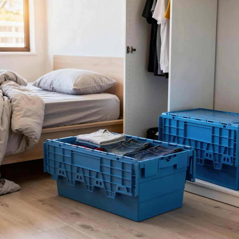 Plastic moving crate packed with clothes in a bedroom — ready for a Gold Coast move